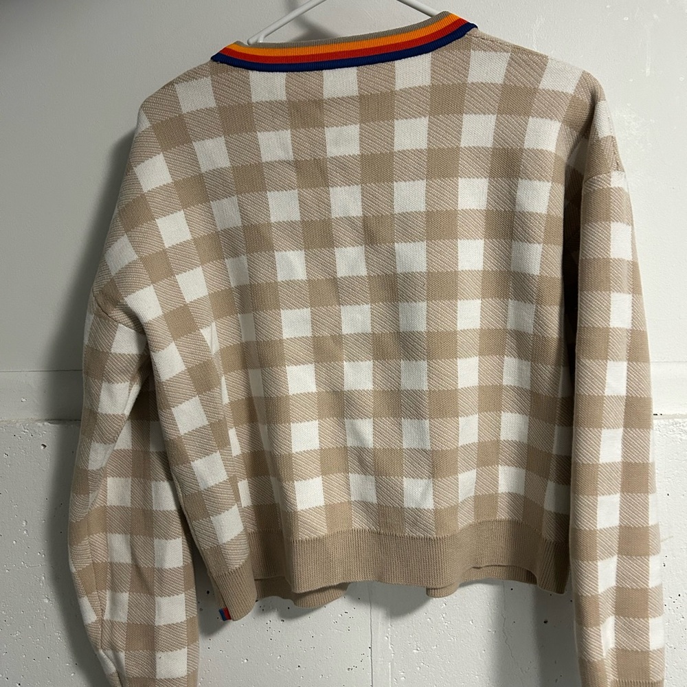 KULE Beige and White Checkered Cardigan with Vibrant Trim - Picture 4 of 5